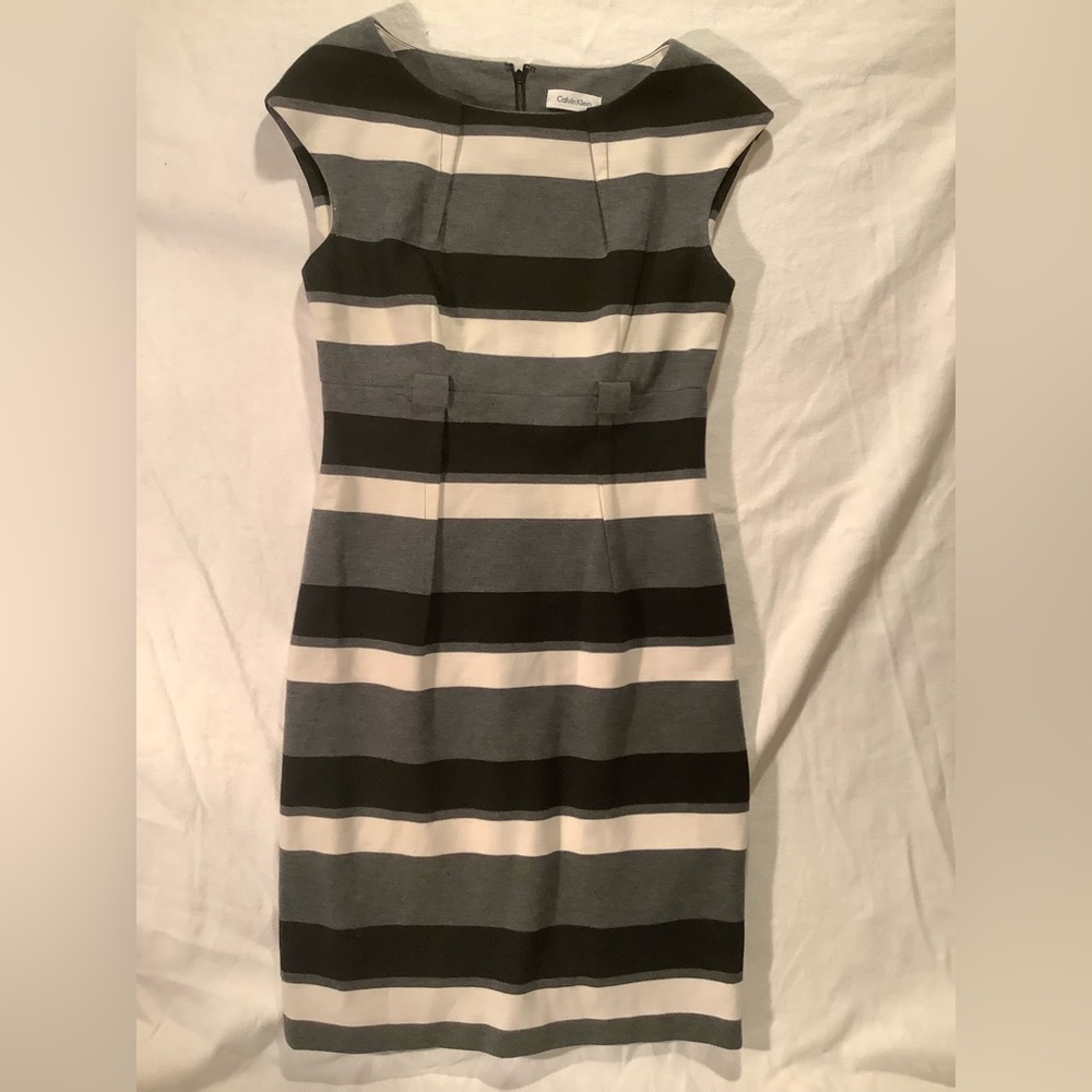 Calvin Klein Black, Gray, and Cream Striped Dress  Size 4